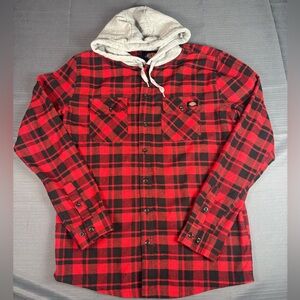 Dickies Hooded Flannel Shirt Red Black Plaid Workwear Button-Up Men’s M
